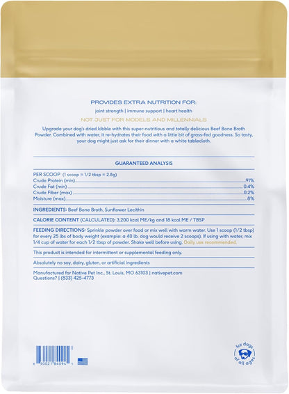 Native Pet Bone Broth for Dogs and Cats - Made with Real Beef Bone Broth, Dog Food Toppers for Picky Eaters- Provides Extra Hydration & Nutrition for Joint Strength, Immunity & Heart Health-192 Scoops
