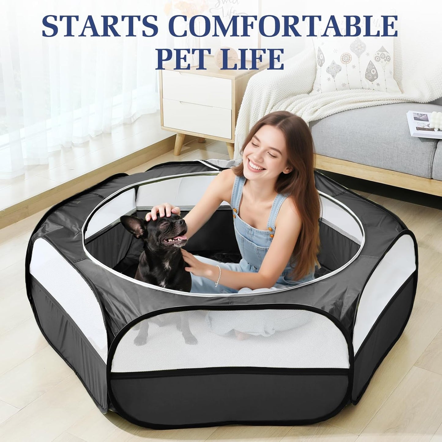 2-in-1 Small Animals Playpen with Pad, Waterproof Small Pet Cage Tent with Reusable Pad, Portable Outdoor Yard Fence with 3 Metal Rod for Chick/Kitten/Puppy/Guinea Pig/Rabbits/Chinchillas, Black