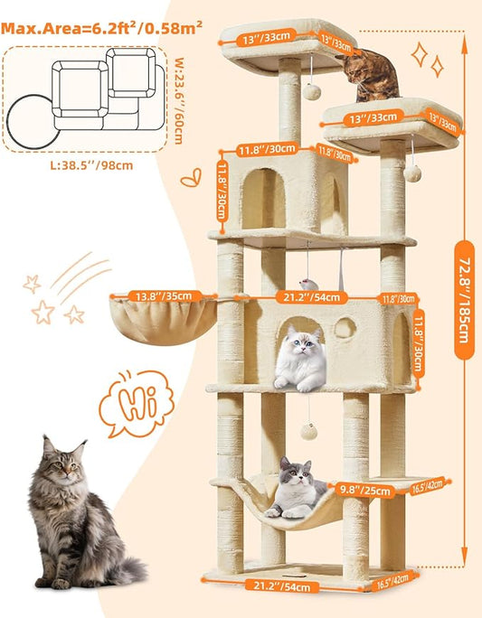 Taoqimiao Large Cat TreeïŒ73-Inch Cat Tree Tower with 9 Scratching Posts for Indoor Cats, 2 Large Cat Condo with Hammock, Hanging Basket, 2 Extended Platform, Beige MS013XLM