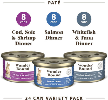 Amazon Brand - Wonder Bound Wet Cat Food, Pate, No Added Grain, Variety Pack (Cod, Sole & Shrimp, Salmon, White Fish & Tuna), 3 ounce (Pack of 24)