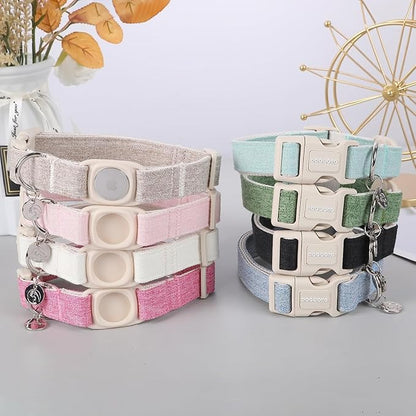 DOGWONG Airtag Cotton Hemp Dog Collar, Heavy-Duty Dog Collar with Airtag Holder Beige Natural Fabric Pet Cute Puppy Necklace for Small Medium Large Dogs