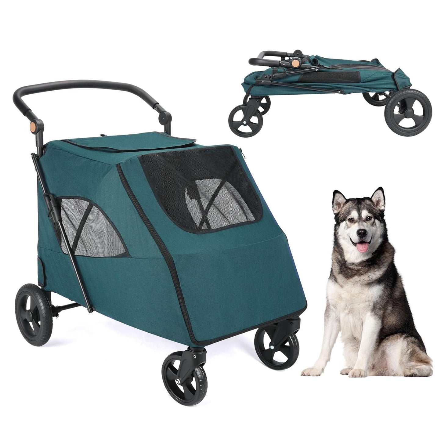 Large Dog Travel Stroller with 4 Heavy Duty Wheels Pet Stroller with Adjustable Handle - Double Doggie Capacity Jogger Wagon with Back Front Door for Small Medium Large Dogs (Dark Green-C) - Pawvie