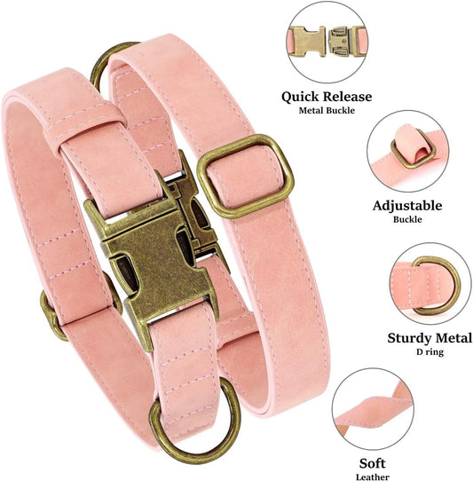 Didog Soft PU Leather Dog Collar, Stylish Quick Released Dog Collar for Large Dogs, Easy Clean Adjustable Pet Collar for Daily Walking, Pink, L Fit 15-23" Neck