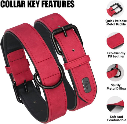 Didog Soft Padded PU Leather Dog Collar, Breathable and Adjustable Red Dog Collar for Large Dogs, Comfortable for Daily Walk,Red XL Fit Neck 17-21"(44-71 lbs)