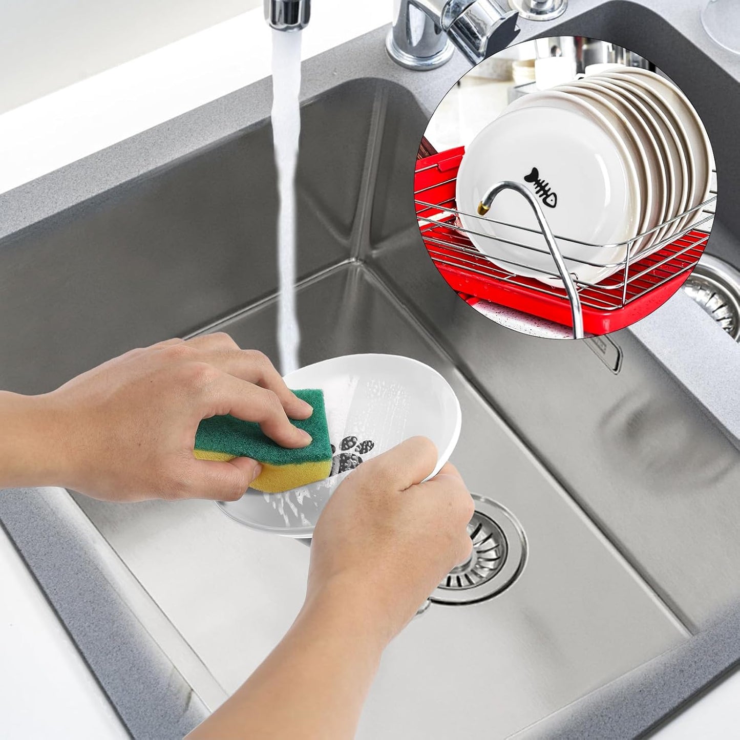 6 Pack Cat Food Bowl, Ceramic Cat Bowls, Anti Whisker Fatigue Cats Bowl Set,5.5 Inches Shallow Wide Kitten Plates for Food and Water (Cat's Paw+Fishbone)