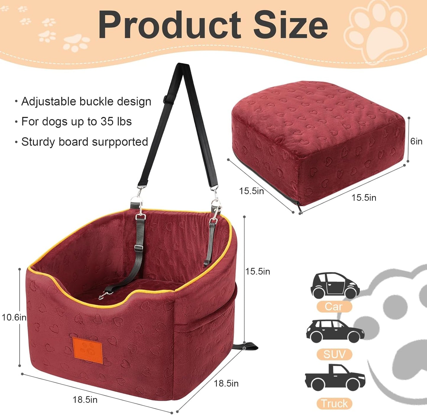 Dog Car Seat for Small Dogs, Memory Foam Booster Dog Seat for Dogs up to 35 lbs, Elevated Pet Car Seat, Travel Safety Pet Seat with Washable Removable Cover, Storage Pockets (Red)