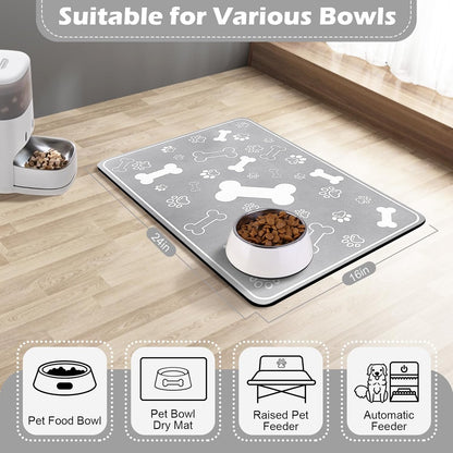 Pet Feeding Mat,Rapid Absorbent Mats for Dog Cat Food, Dog Placemat Water Bowl Mat with Rubber Backing,Messy Drinkers to Protect Floors, Pet Accessories 16"×24" Grey