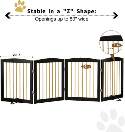 Freestanding Pet Gate for Dogs, Foldable Wooden Dog Gate for House, Indoor Dog Gate for Stairs, Doorways, Step Over Pet Puppy Safety Fence, 80 Inch Wide, 4 Panels 24", Black & Gold