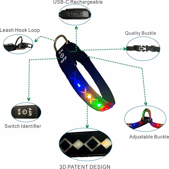 LED Dog Collar with AirTag Holder and Custom ID Tag, 15 Light Modes, Waterproof, Multiple Colors (RED Pro, M(11.8-15.7"))