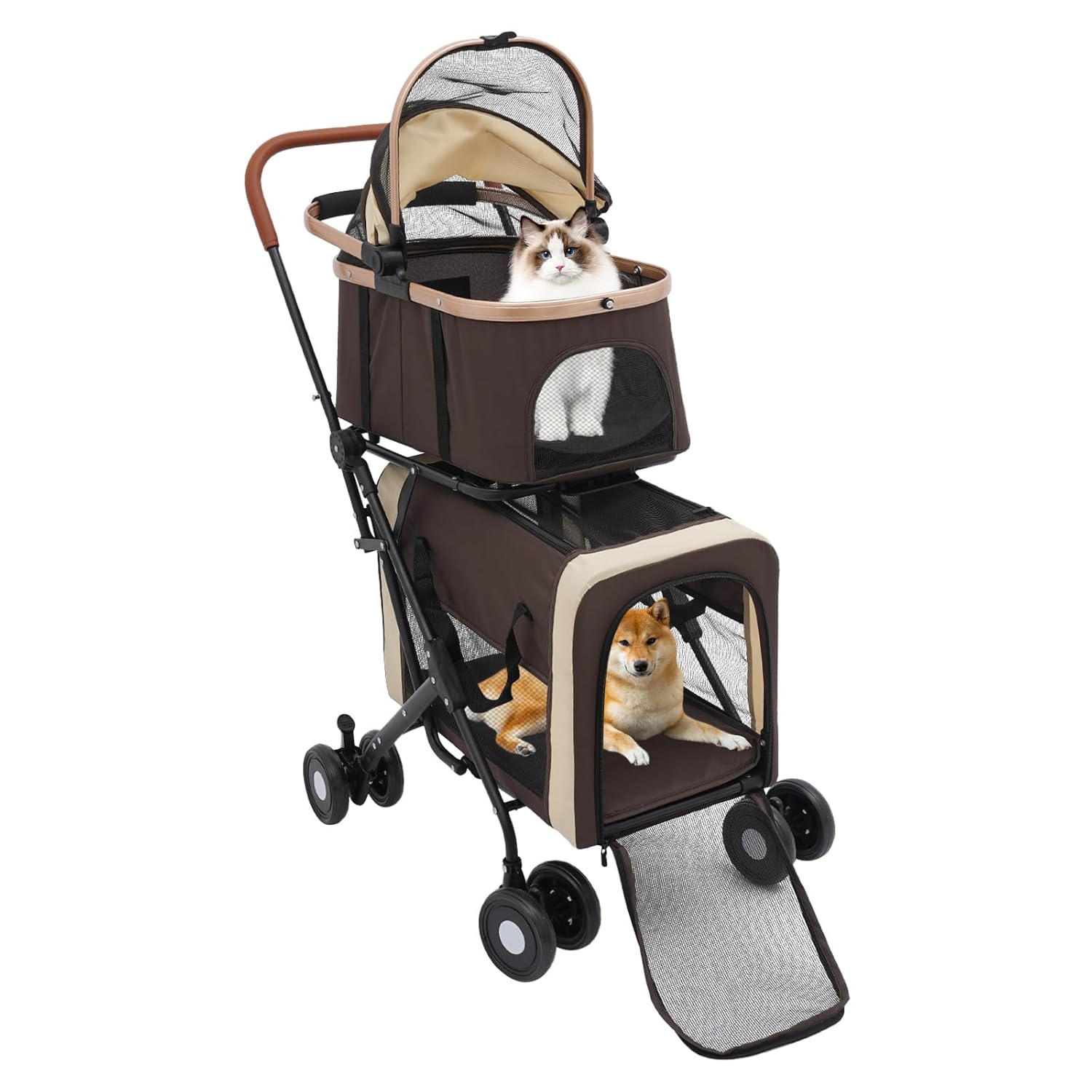 Double Pet Stroller with Detachable Carriers, Large Cat & Dog Stroller with 4 Wheels, Foldable Pet Strollers Small & Medium Dogs Cats 77lbs (Coffee Color) - Pawvie
