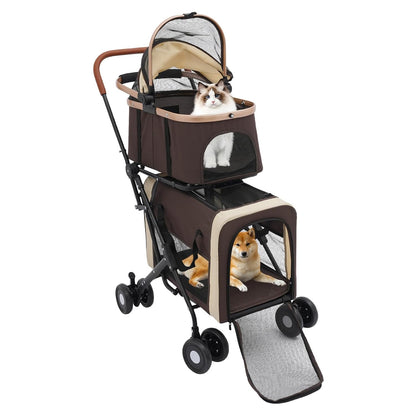 Foldable Pet Stroller for Small & Medium Dogs, Double Dog & Cat Stroller with 3-in-1 Travel System, Detachable Pet Carrier with Wheels for Cats and Dogs up to 77 lbs, Coffee Color - Pawvie