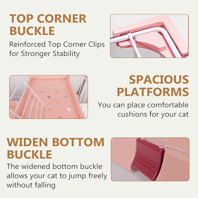 Cat Cage 2-Tier Indoor Cat Enclosure with Widen Bottom Buckle & Reinforced Locking Clamps DlY Cat Playpen for 1-2 Cats & Small Pets,33" Lx 24" W X 43" H (Pink, Two-Tier43)