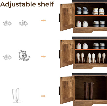 2-Tier Storage Bench, Shoe Bench with Padded Seat Cushion, Entryway Bench with 4 Barn Doors, Adjustable Shelf, 13.8" D x 47.2" W x 17.7" H, for Entryway, Living Room, Bedroom, Rustic Walnut