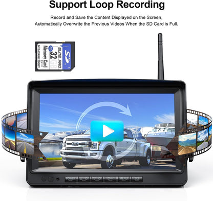 Fookoo HD 1080P 9" Wireless Backup Camera System, 9-inch Dual/Quad Split Monitor w/Recording, Supports 4 Cameras, IP69 Waterproof Rear View Cam Parking Lines 32GB SD Card for RV/Trailer/Truck(DW901)