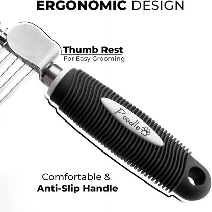 Poodle Dematting Fur Rake Comb Brush for Dogs and Cats - Long 2.5" Steel Safety Blades Metal Comb for Detangling Matted or Knotted Undercoat Hair