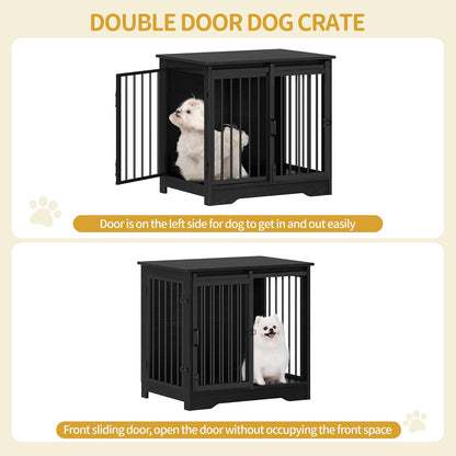 27.2" Dog Crate Furniture with Barn Door, Heavy Duty Dog Kennel Indoor with 2 Doors, Wooden Pet Cage End Table for Small Medium Dogs up to 22 lb, Anti-Chew Anti-Escape, Black DFC84304B