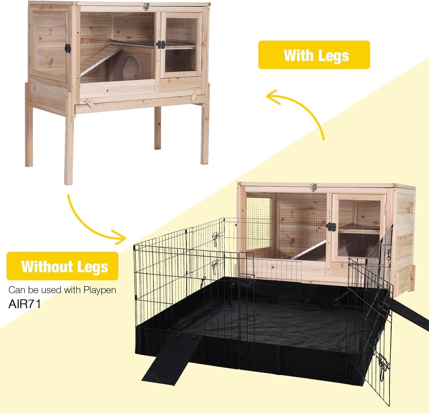 Aivituvin Wooden Guinea Pig Cages Indoor with Removable Stand, Anti Chewing Rabbit Hutch with Ramp and Wire Mesh, 2 Story Small Animals House Habitat with Pull Out Tray (Light Natural Wood)