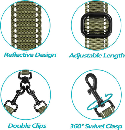 PetBonus Double Dog Leash, No Tangle Dual Leash, Reflective Walking Training Lead, 4 Comfortable Padded Handles for 2 Dogs with Collapsible Bowl and Waste Bags (Army Green, Large)