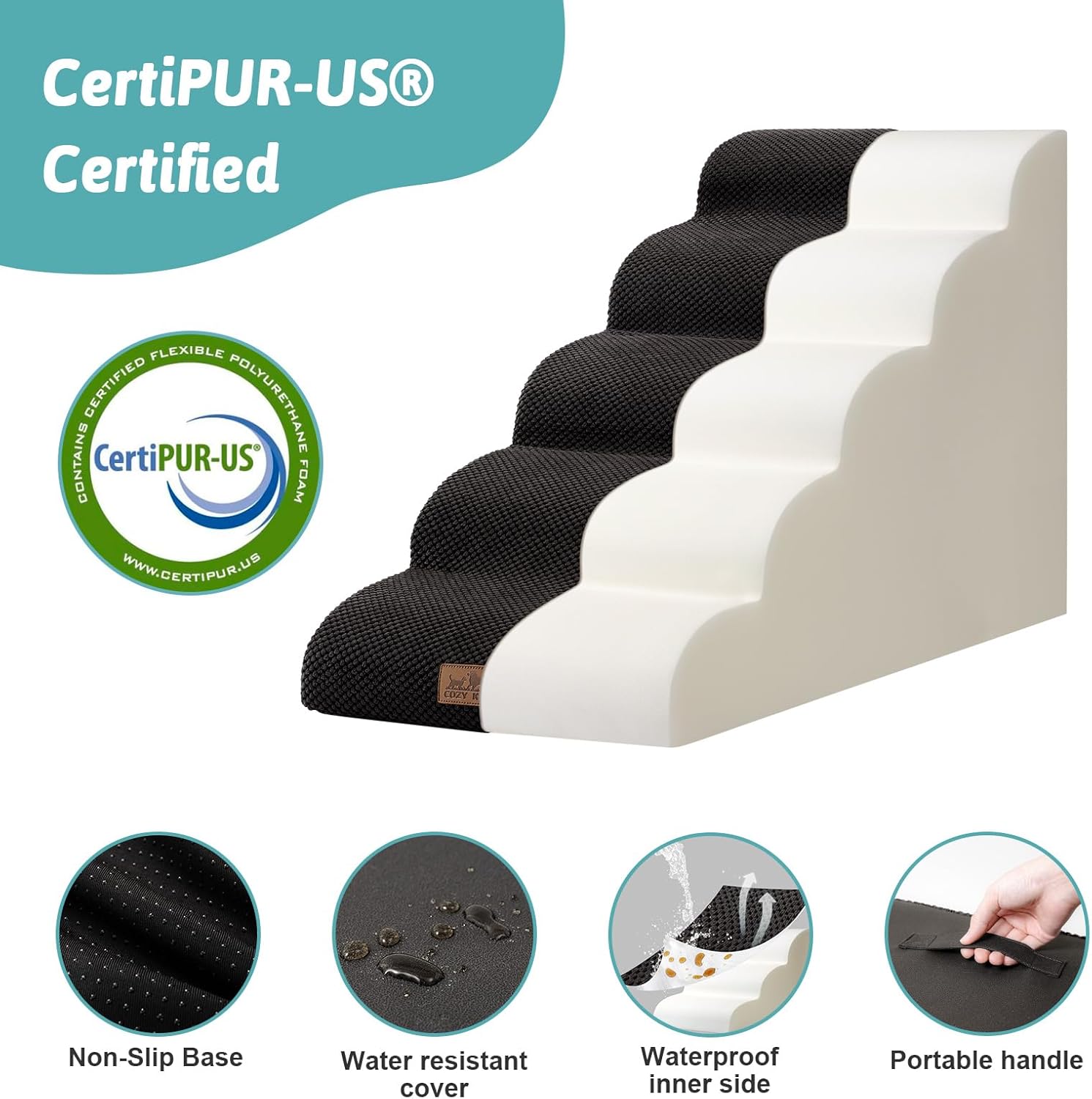 Dog Stairs for High Bed 22.6" H, Small Dog Step for Puppy, Older or Cat, Curved Ramp for Car, Ladder with High Density Foam, Lightweight, Durable, 15.7x33x22.6 inch, 5 Step, Black - Pawvie