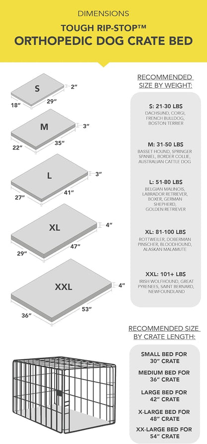 K9 Ballistics Tough Ripstop Orthopedic Dog Crate Bed - Durable Pad with Washable Cover, for Wire Crates, Tie-Downs Included, Size: XX-Large 53"x36", Light Gray Velvet