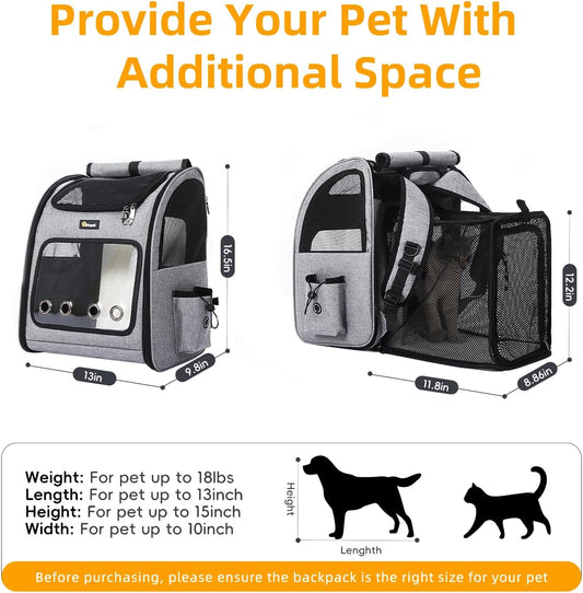 Hoopet Expandable Cat Backpack Carrier – Breathable Pet Carrier for Small Cats & Dogs, Foldable Travel Backpack with Mesh Ventilation for Hiking, Walking, Camping, Light Grey