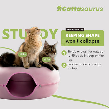 Cattasaurus Peekaboo Cat Cave for Multiple & Large Cats Up to 30-45 Lbs, Scratch Detachable & Washable Tunnel Bed, Comfy Donut Cat Cave (Pink, Jumbo)