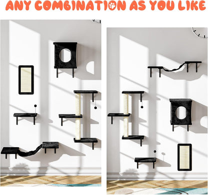 NUNU LAB Cat Wall Shelves Set, 5 Pcs Wall-Mounted Cat Climber with Cat House, Bridge, Scratching Post, Hammock, Wall Shelves, Black