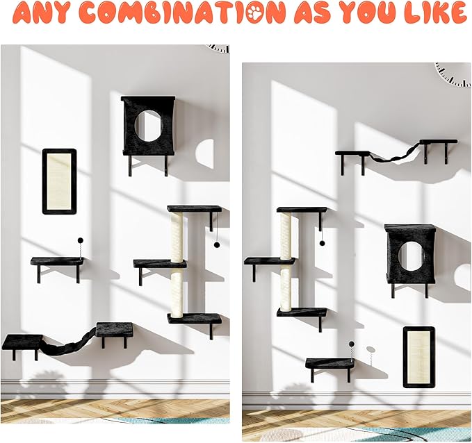 NUNU LAB Wall Mounted Cat Wall Shelves, 10-in-1 Cat Wall Climber with Kitten House, Bridge, Steps, Scratcher, Indoor Space-Saving Furniture for Kittens Play, Black