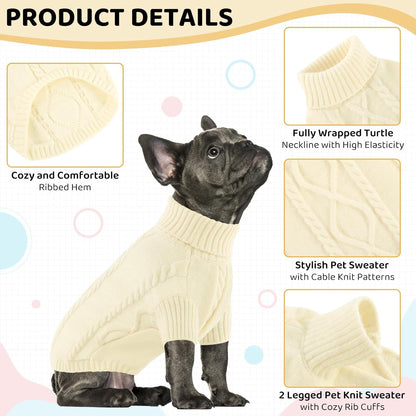 Queenmore Small Dog Pullover Sweater, Cold Weather Cable Knitwear, Classic Turtleneck Thick Warm Clothes for Chihuahua, Bulldog, Dachshund, Pug (White, X-Large)