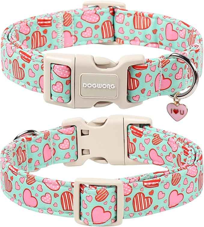 DOGWONG Valentine's Day Cute Loving Heart Printed Collar for Small Medium Large Dogs - Blue Cotton Collar for Girl and Boy Dogs