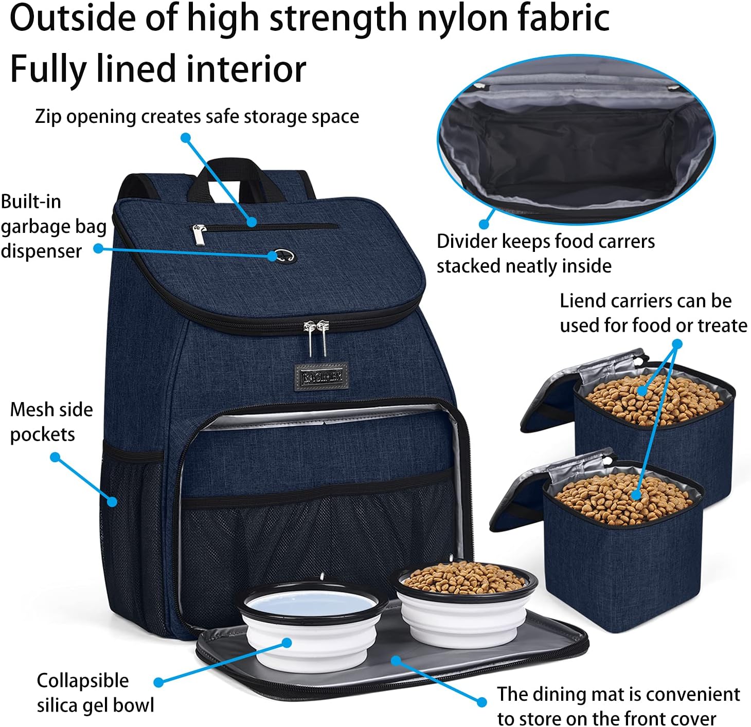 BAGLHER丨Dog Travel Bag, Airline Approved Pet Supplies Backpack, Dog Travel Backpack with 2 Silicone Collapsible Bowls and 2 Food Baskets - Pawvie
