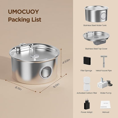 Cat Water Fountain Stainless Steel: 2.6L Cat Fountain for Drinking - Pet Water Fountain for Cats Indoor - Automatic Pet Water Dispenser Bowl - Best Auto Feeding Supplies Gift for Small Dog Large Kitty