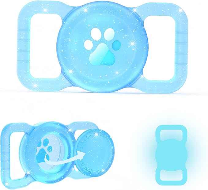 SANKALA Luminous Airtag Dog Collar Holder, [1 Pack] Glittery Waterproof Airtag Holder for Dog, Silicone Full Body Covered Anti-Lost Protective Airtag Case - Fits All Width Pet Collars, Blue Glitter