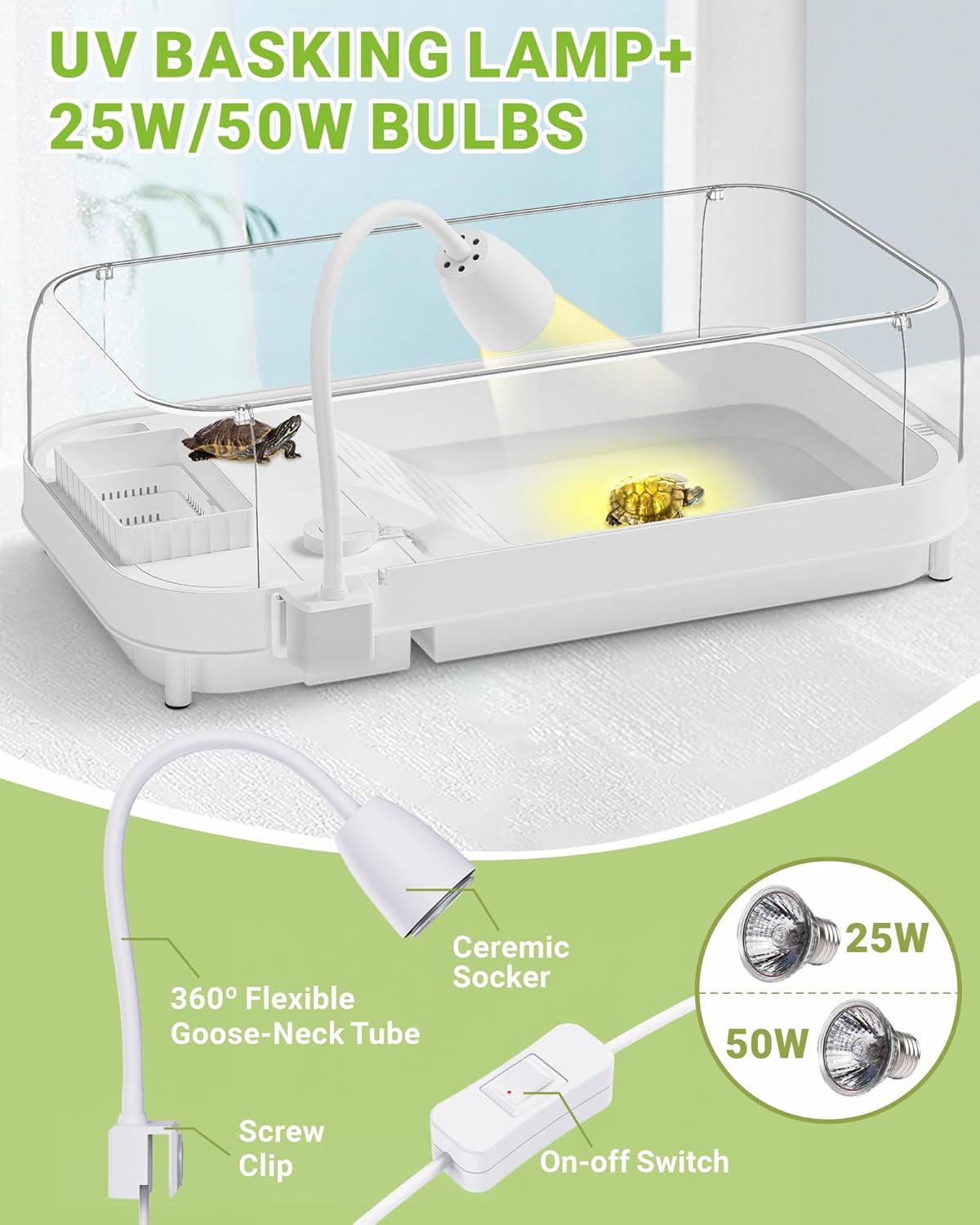 Large Turtle Tank Kit with Lamp and Filter, Acrylic Turtle Tank Starter Kit, Tank Aquarium with Heightened and Curved Fences, Bottom Drainage, Multi-Function Areas - Pawvie