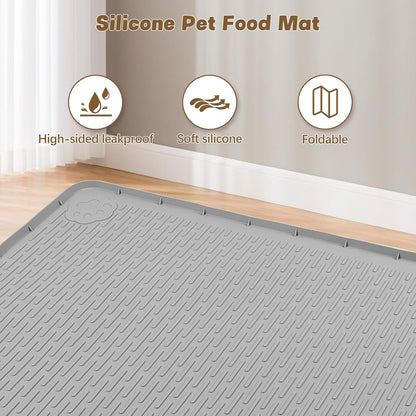 Cat Food Mat, 50" x 35" Extra Large Silicone Pet Feeding Mat with Raised Edge Pet Placemat for Food and Water Bowl Non-Slip, Easy to Clean, Floor Protection (Grey)