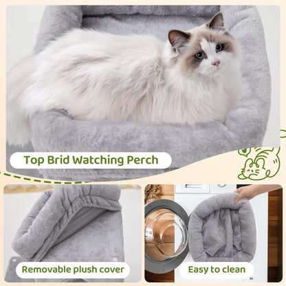 24inch Tall cat Tree with 2 cat condo and Mouse Toy Cozy Small cat Tower with Scratching Post and Board for Kitties and Small Cats.（Light Grey）