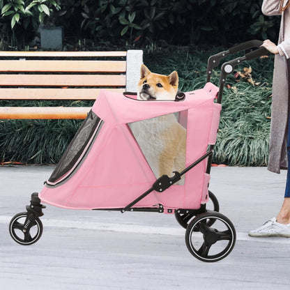 Athena Collection 3 Wheels Pet Stroller Fabric Dog Cart Dog Stroller for Large Dogs 55 Lbs Pet Stroller with Mesh Windows, Zipper Back Pocket, Safety Tether, Angle Adjustable Handlebar, Pink - Pawvie