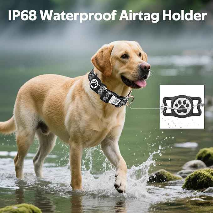 WhoseID Dog Collar with Waterproof AirTag Holder & Anti-Lost QR Code, Cute Bling Warpping Adjustable Width for Small Medium Large Pet (Black, L)