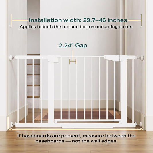 Cumbor 29.7-46" Baby Gate for Stairs, Toddler Safety Essentials for The House, Auto Close Dog Gate for Doorways, Mom's Choice Awards Winner-Easy Install Pressure Mounted Pet Gates for Dogs, White