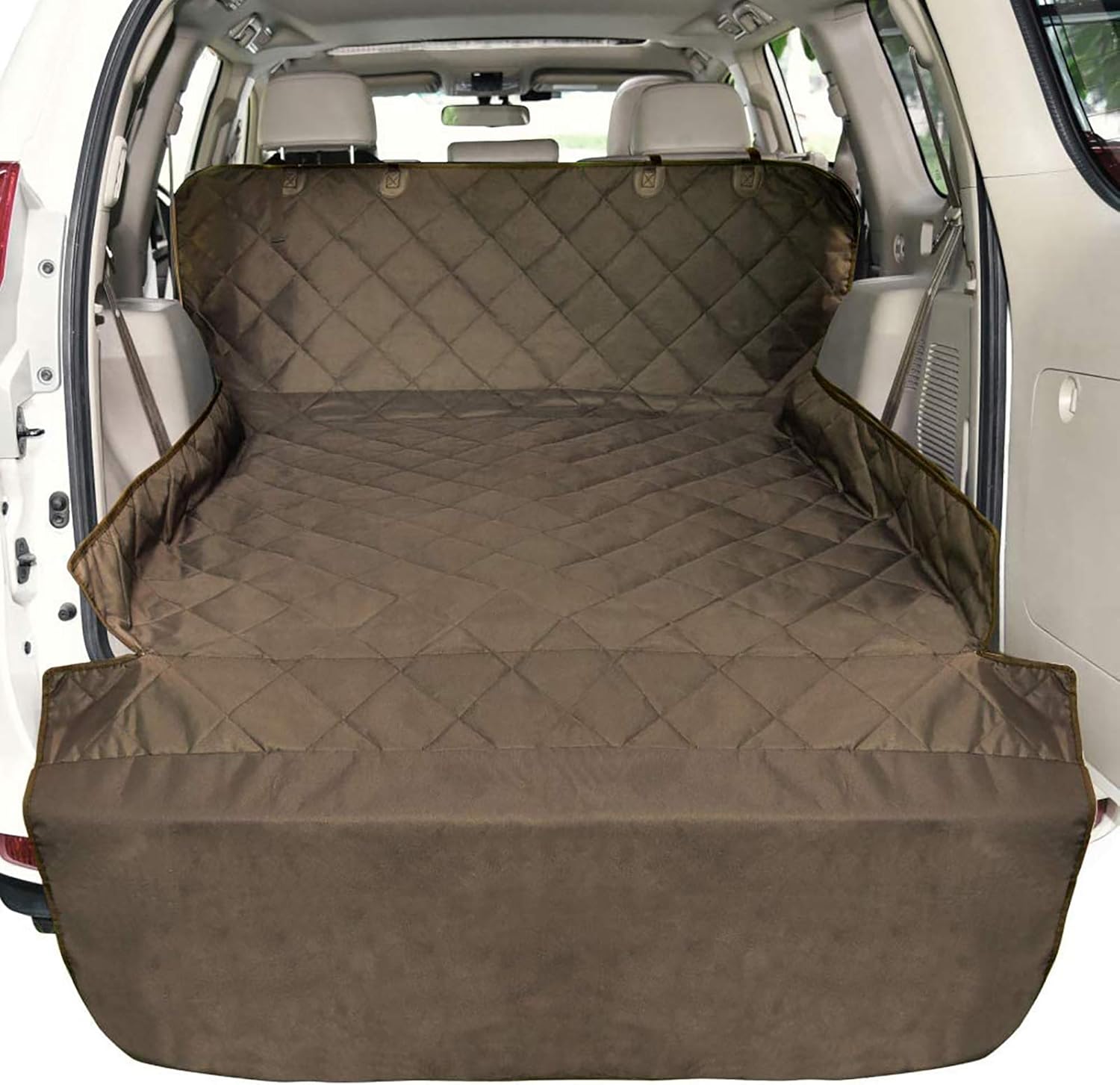 F-color SUV Cargo Liner for Dogs, Water Resistant Pet Cargo Cover Dog Seat Cover Mat for SUVs Sedans Vans with Bumper Flap Protector, Non-Slip, Large Size Universal Fit, Brown - Pawvie