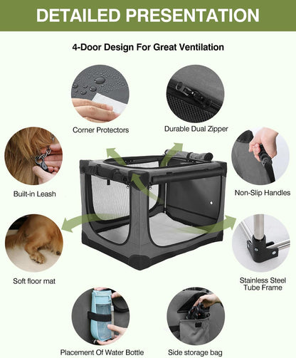42-Inch Collapsible Travel Dog Crate, Portable 4-Door Soft Kennel for Medium to Large Dogs, Durable Mesh Windows, Indoor/Outdoor Use, Foldable, with Storage Bag (Grey)