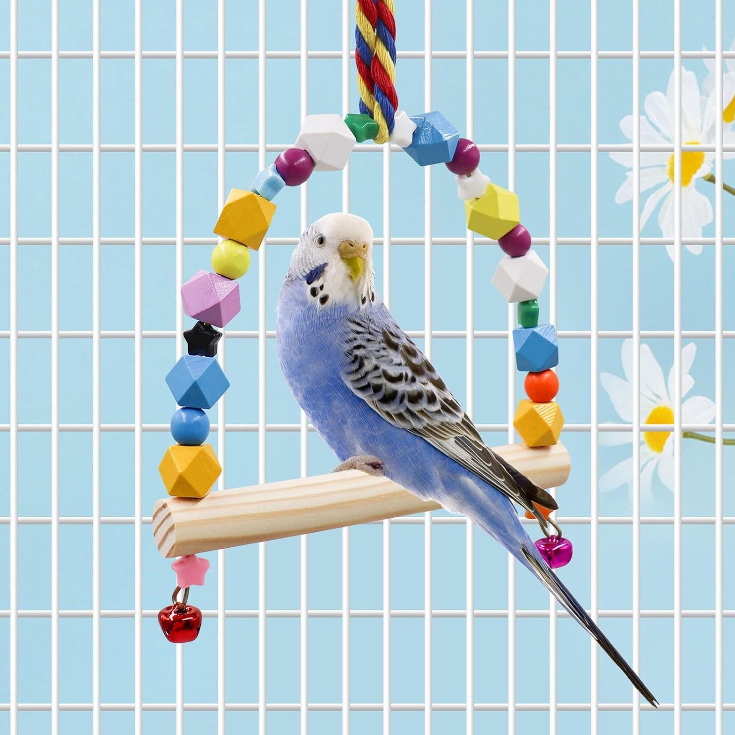 2 Pack Bird Swing, Hanging Colorful Wooden Parrot Perch Stand Toy, Bird Cage Accessories, Suitable for Small to Medium Birds Parrots Parakeets Cockatiels Conure Budgies Love Birds