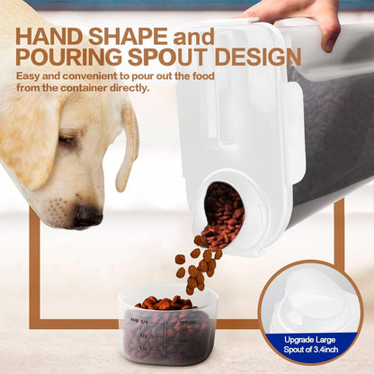 Dog Food Storage Container, 5-7 Lbs Airtight Pet Food Container, Cat food Container Dispenser with Portable Handle, Pouring Spout, Measuring Cup and a Collapsible bowl for Dogs Cats White/6Qt