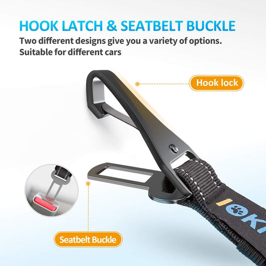 Dog Seat Belt 3-in-1 Car Harness for Dogs Adjustable Safety Seatbelt for Car Nylon Reflective Bungee Fabric Dog Car Harness with Clip Hook Latch & Buckle, Swivel Zinc Alloy Carabiner (Black)