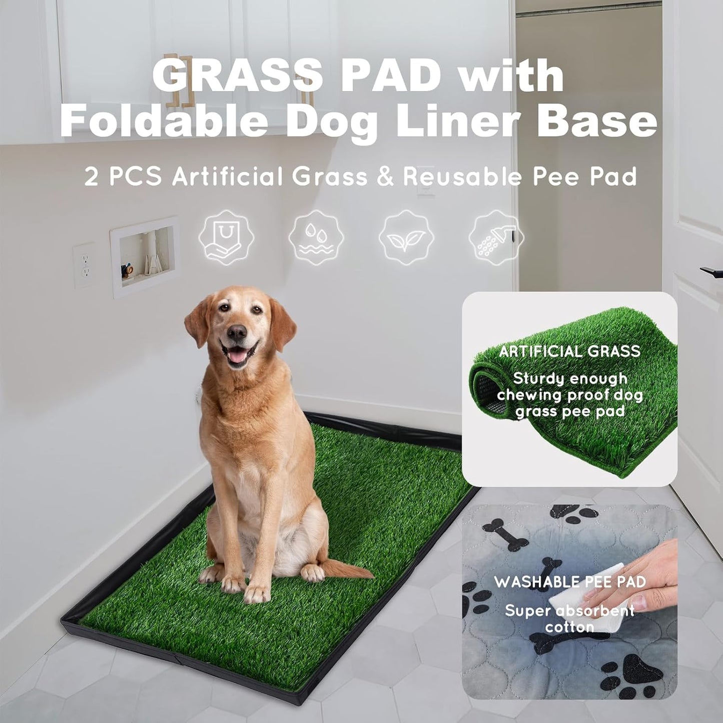 Dog Grass Pad with Foldable Dog Litter Box,Small Liner Base for Balcony，Ultra-Absorbent Artificial Grass Pads for Dogs Pee Pad Holder, Potty Training, 2 PCS Reusable Pee Pads