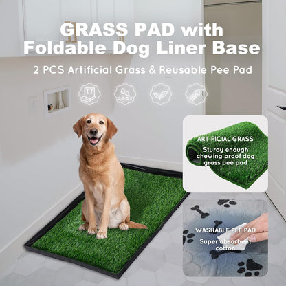 Dog Grass Pad with Foldable Dog Litter Box,Small Liner Base for Balcony，Ultra-Absorbent Artificial Grass Pads for Dogs Pee Pad Holder, Potty Training, 2 PCS Reusable Pee Pads