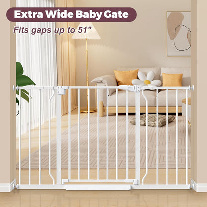29"-51" Baby Gate for Stairs, Auto Close Stroller Friendly Dog Gate Indoor for Doorways, Pressure Mounted Baby Gate, Easy Walk Through Gate for Children & Pets, White