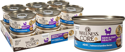 Wellness CORE+ Skin & Coat Pate Adult Wet Cat Food, Natural, Protein-Rich, Grain Free, 2.8 Ounce, 12 Pack (Salmon & Sardine)