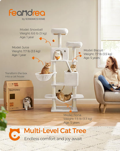 Feandrea Cat Tree, 66.1-Inch Large Cat Tower with 13 Scratching Posts, 2 Perches, 2 Caves, Basket, Hammock, Pompoms, Multi-Level Plush Cat Condo for Indoor Cats, Cream White UPCT165T01