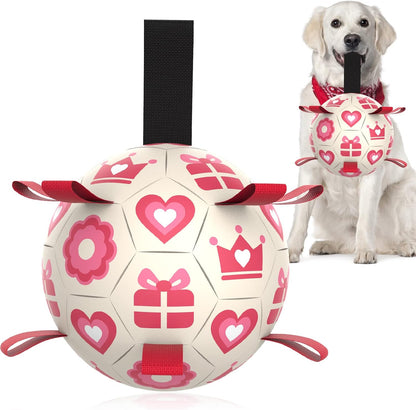 QDAN Pink Dog Toys Soccer Ball with Straps, Interactive Tug of War Toy, Puppy Birthday Gifts, Water Toy, Durable Dog Balls for Medium Large, Valentines Gift (8 Inch)